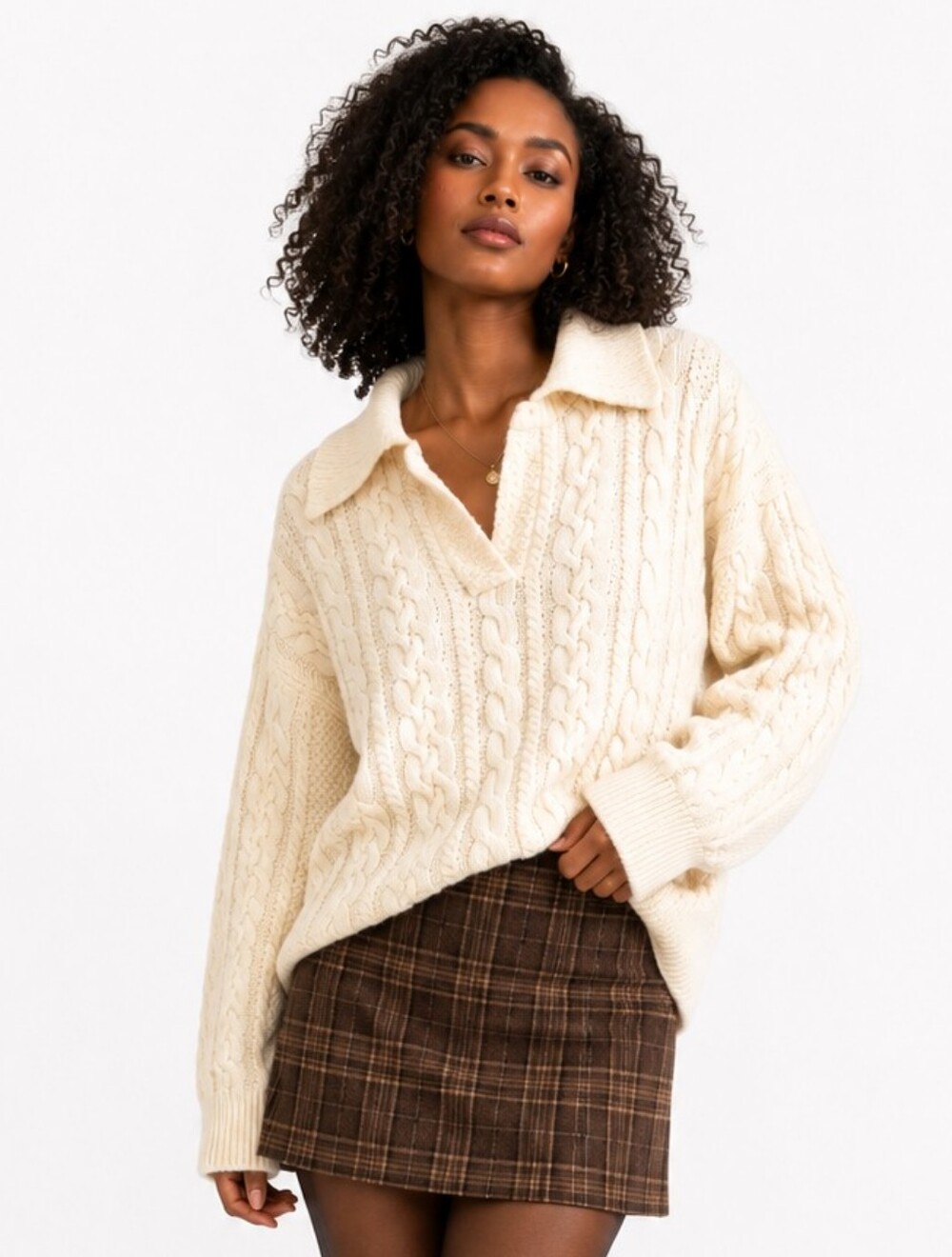 Free People Laurel Oversized Cable Knit Collared Sweater Ivory Size S